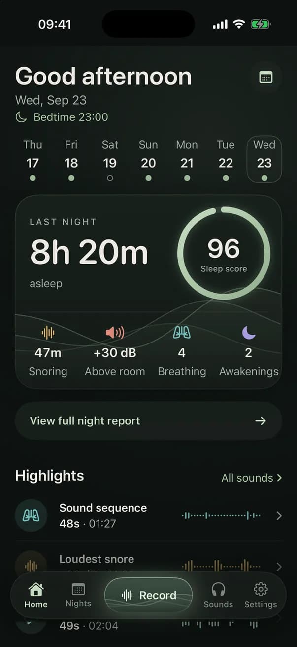 Snorezy home screen: last night's time asleep and sleep score, snoring, loudness above the room, breathing sounds and awakenings, then the night's highlights.