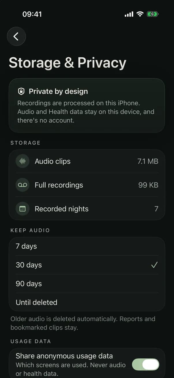 Storage and privacy settings: how much audio is stored, how long audio is kept, and a switch for anonymous usage data.